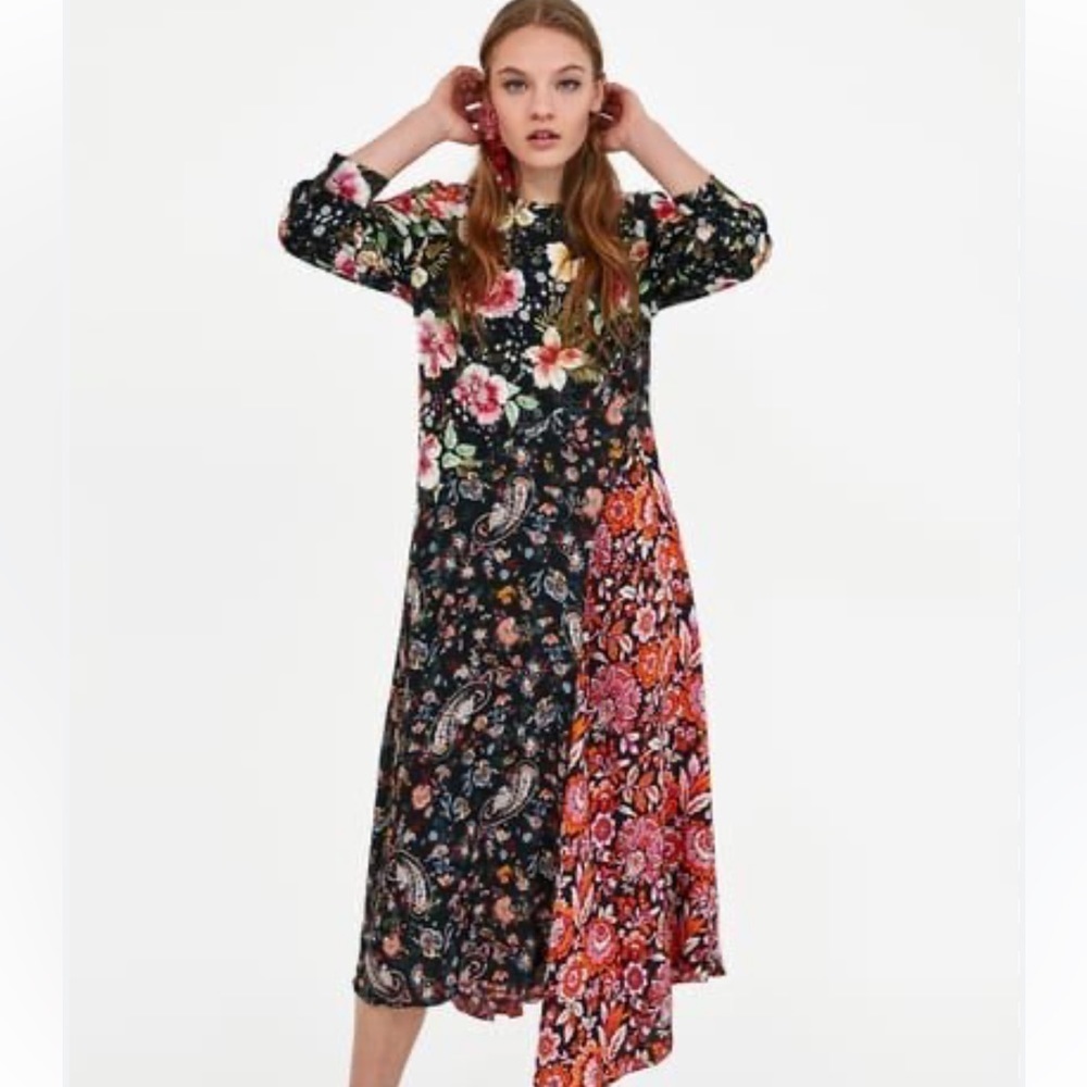 Zara patchwork mix floral slit midi dress